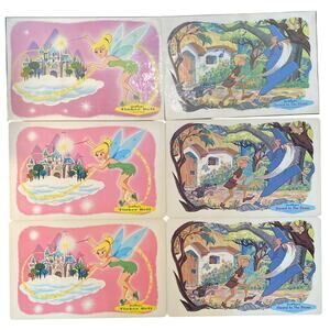 Vintage 1960s Walt Disney Laminated Placemats Tinker Bell Sword Stone Set 6